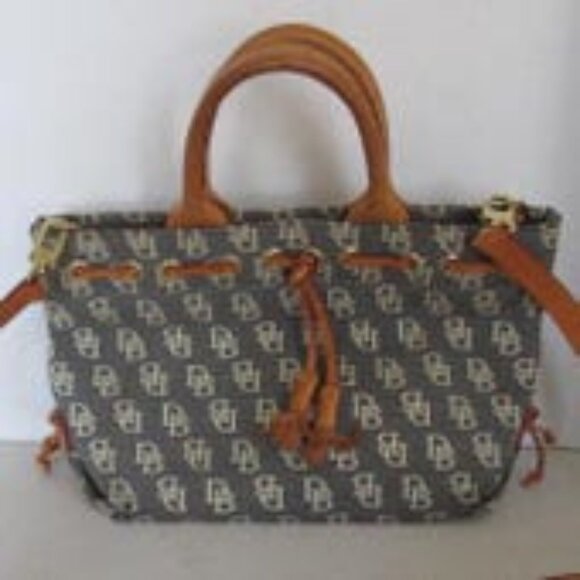 Dooney and Bourke Purse Satchel Brown Blue Canvas Leather DB TOP HANDLE handbag - Picture 2 of 6